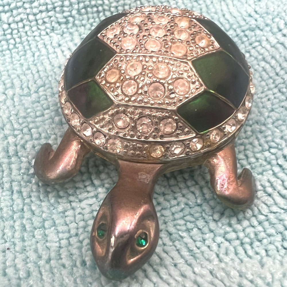 Vintage Rhinestone Trinket Box Paper Weight Turtle Enamel Gold Tone 2.5X1.75"